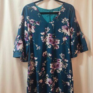 Belongsci Teal dress - floral pattern, size M, above knee